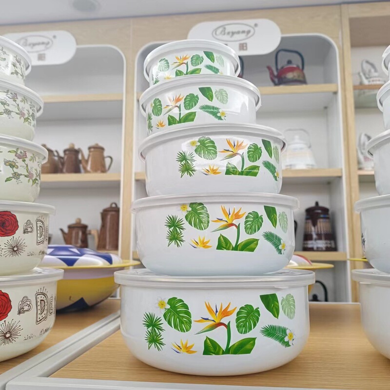 Youpin Three-flower Pattern Mixed Thickeneded Enamel Ice Bowl Five-piece Set Fresh-keeping Bowl Lunch Box Salad Bowl 10-18cm