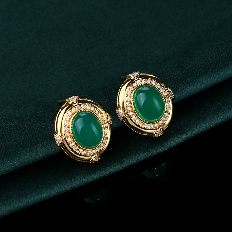 고대 스타일 디자인 틈새 조명 럭셔리 전체 다이아몬드 고급 귀걸이 궁전 스타일 에메랄드 칼세도니 귀걸이 도매