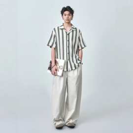 日系复古条纹镂空提花古巴领短袖衬衫男宽松透气夏季休闲衬衣