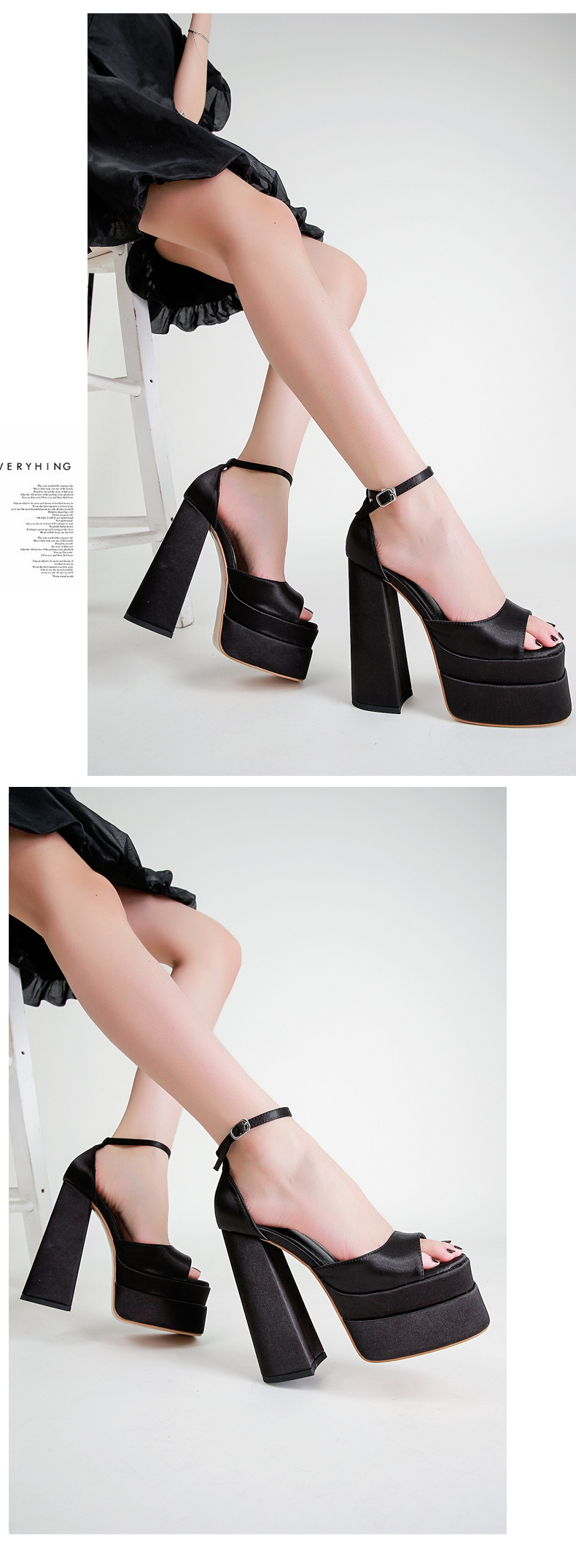 Sandal cao gót nữ mũi vuông rỗng gót vuông satin — Màu đen chi tiết 7