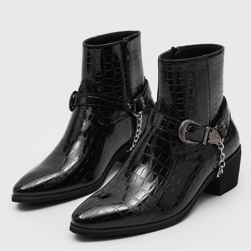 New Pointed-Toe Chelsea Boots for Men, Crocodile Pattern High-Top Side Zipper Martin Boots, Casual Men's Boots