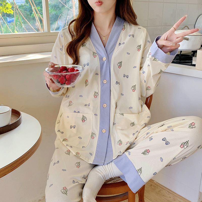 100% Pure Cotton Crescent Clothing Spring and Autumn Postpartum Breast-feeding Pregnant Women's Pajamas Summer Thin All Cotton Maternal Suit