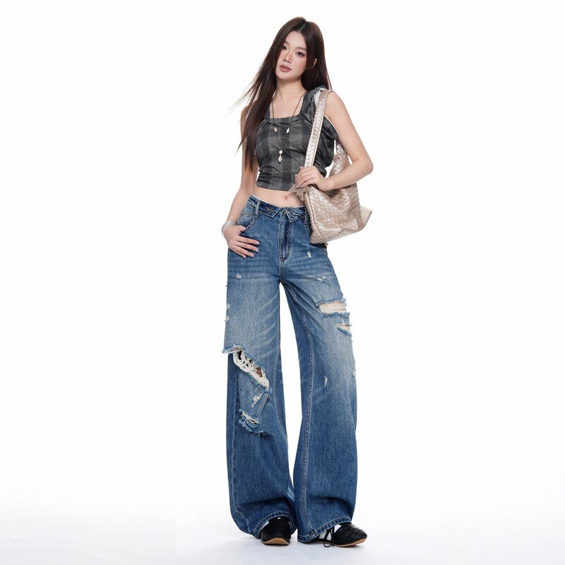 Dark Blue Fold-Over Waistband Irregular Ripped Jeans for Women, 2026 Summer New Trendy Slim-Fit Thin Style Versatile