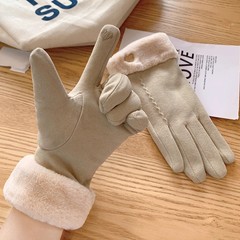 手套女士冬季保暖加绒加厚可爱骑行防寒风五指可触屏毛绒手套跨境