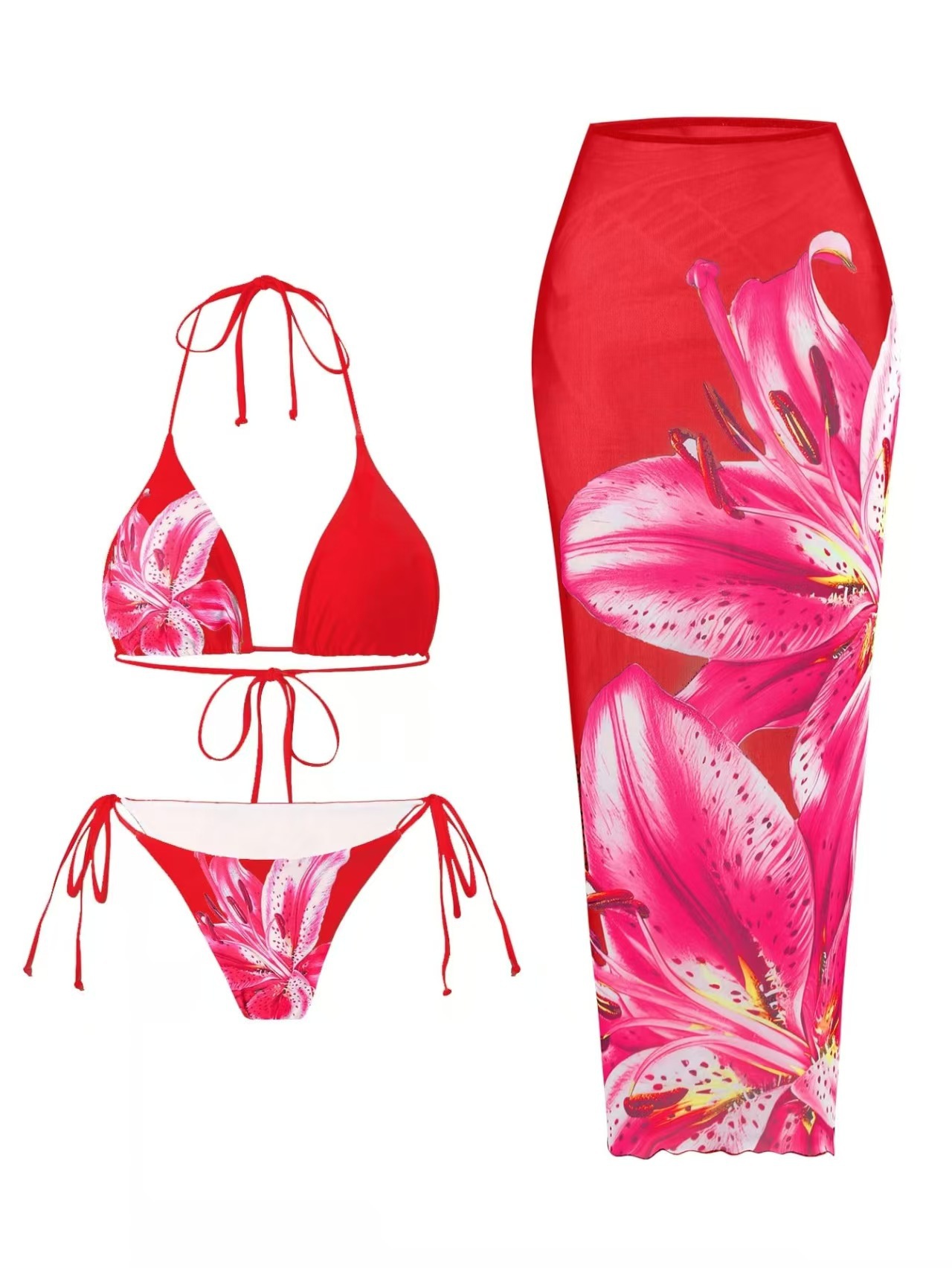 Women's Lily Print Three Piece Bikini Set With Wrap Skirt_voghion.com
