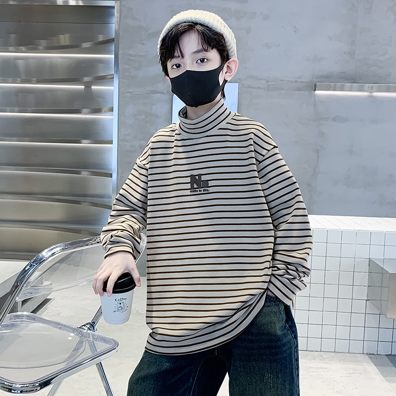 Boys' Striped Base Layer Shirt Autumn and Winter Thickened Thermal Underwear Slim Fit Stretch Half-High Collar T-Shirt Trendy