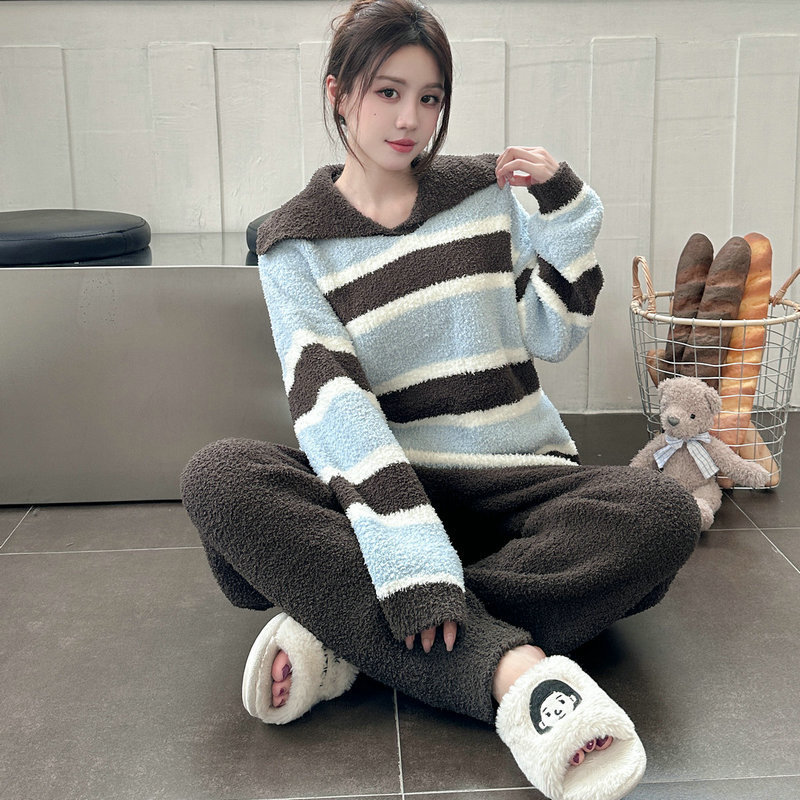 Soft Waxy Gentle Large Lapel Pajamas Autumn and Winter New Soft Half-side Velvet Navy Collar Striped Home Clothes suit Women