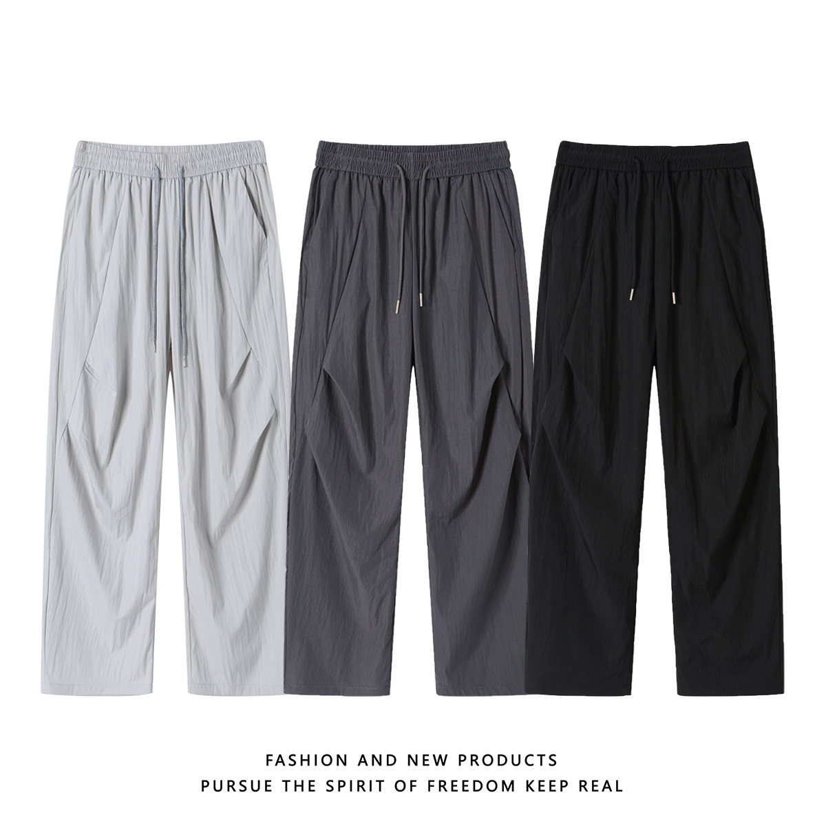 Pleated Ice Silk Quick-Drying Pants for Men, Summer American-Style Loose Paratrooper Pants, Casual Wide-Leg Long Pants, Versatile Casual Wear