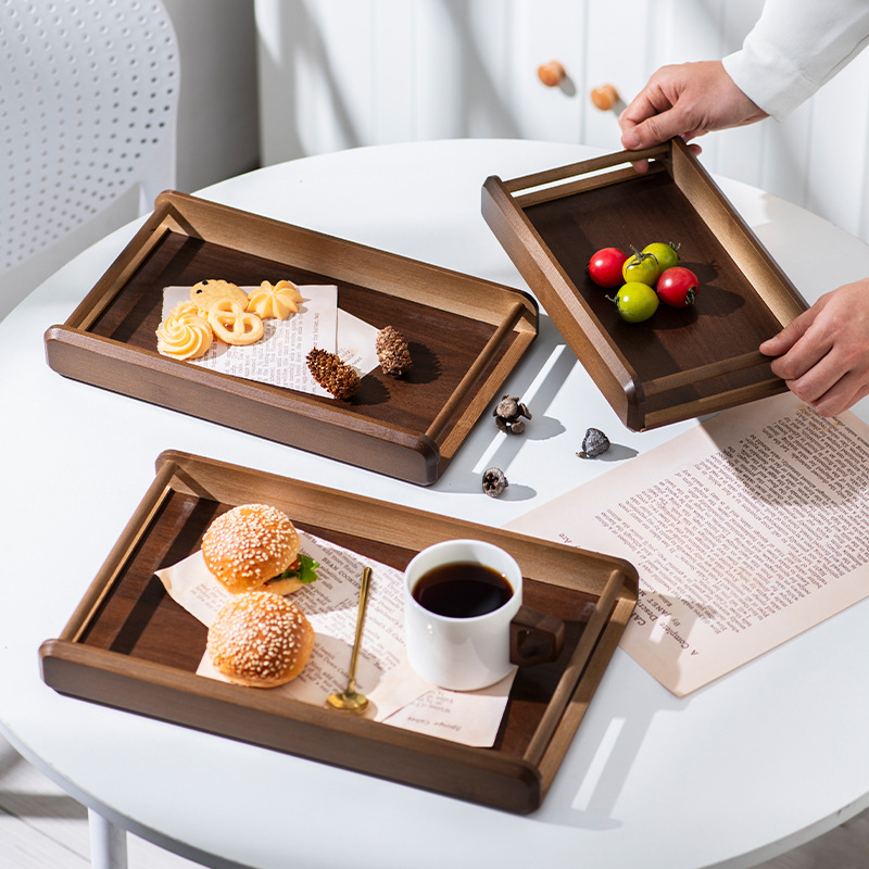 Walnut-Colored Wooden Boat-Shaped Tray for Home Use, Rectangular Solid Wood Tea Tray, Breakfast Snack Storage Tray