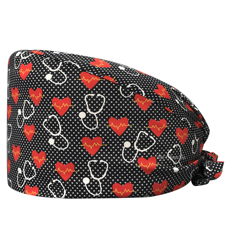 Gorro de Médico de Algodón Puro Estampado para Comercio Exterior, con Correa Ajustable con Botones, Absorbente de Sudor, Gorro de Dibujos Animados para Estudio, Gorro de Enfermera de UCI