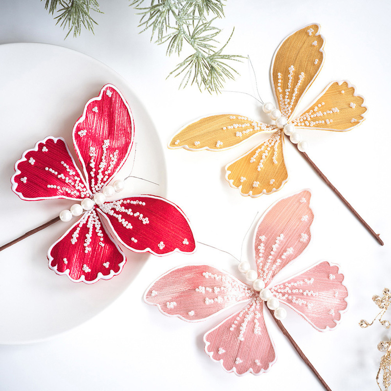 クリスマスツリーの装飾蝶 DIY 装飾生地スパンコール模擬蝶庭の壁のアレンジメントクリスマスフラワーアート|undefined
