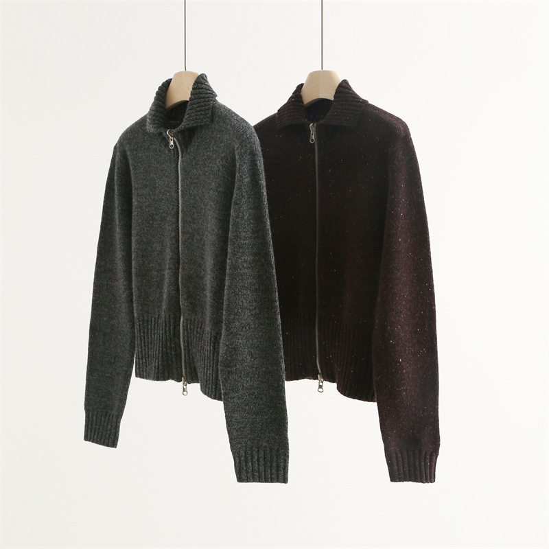 Fashionable and Cool! Wool Floral Yarn High-Waisted Slimming Stand Collar Sweater Autumn and Winter Double-Ended Zipper Knit Jacket A65566 Fashionable and Cool! Wool Floral Yarn High-Waisted Slimming Stand Collar Sweater Autumn and Winter Double-Ended Zipper Knit Jacket A65566