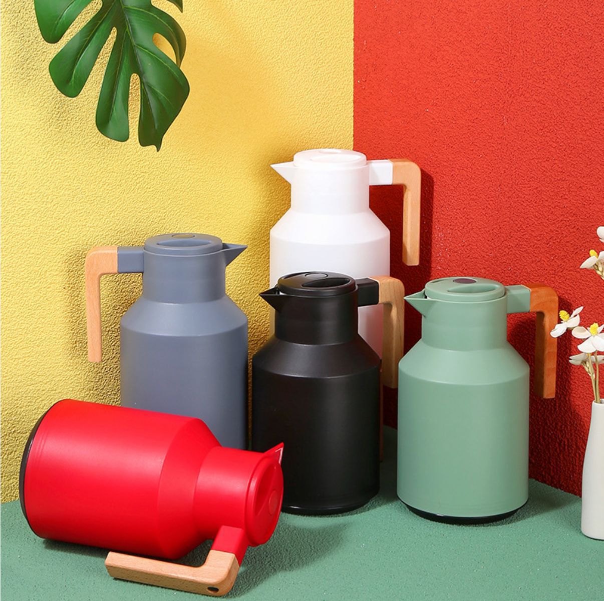 Hervidor térmico estilo europeo, cafetera térmica con mango de madera, botella térmica con logo personalizado