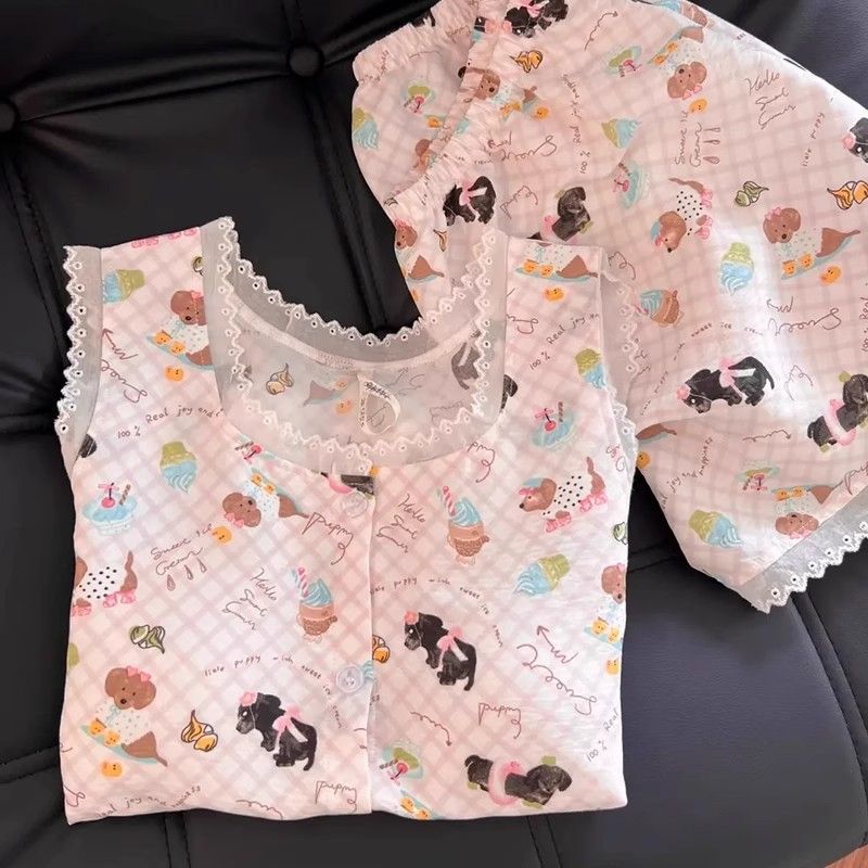 Pijamas con estampado de cachorro de dibujos animados dulce para mujer verano nuevo estilo chaleco de encaje pantalones cortos ropa a domicilio traje de dos piezas