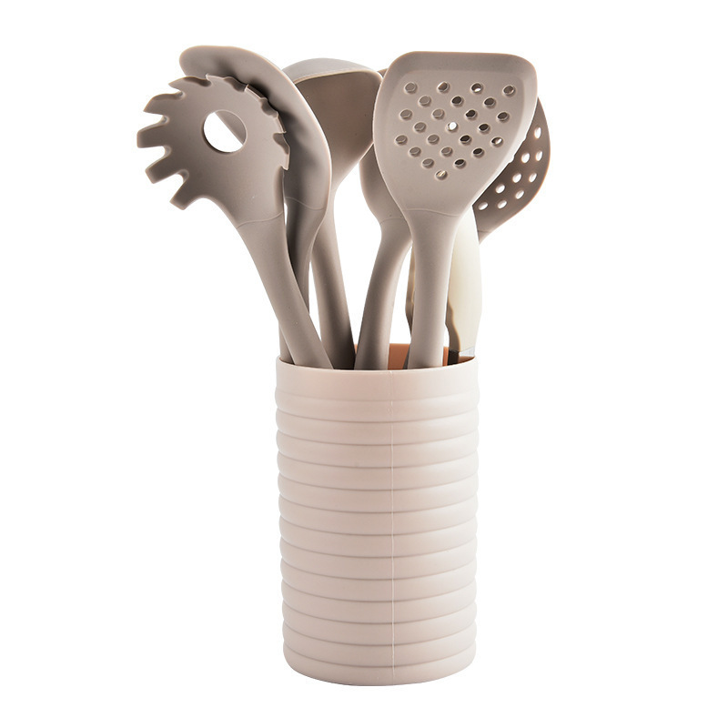 Juego de 7 piezas de utensilios de cocina de silicona con mango de madera, estilo simple resistente a altas temperaturas, espátula, cuchara, polvo, colador, cocina, utensilios de cocina