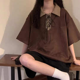 韩版短袖Polo衫上衣女宽松设计感小众学生夏季学院风半袖t恤