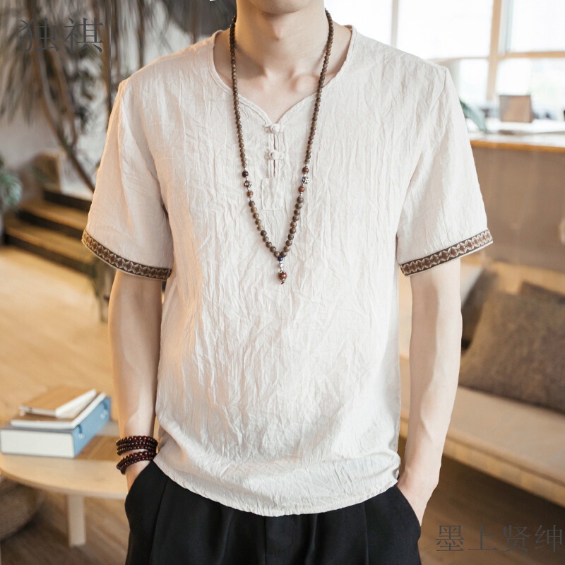 Thai Men's Summer Clothing Chinese Style Cotton and Linen Short-sleeved T-shirt Thai Clothing Myanmar Clothing Antique Han Element Top