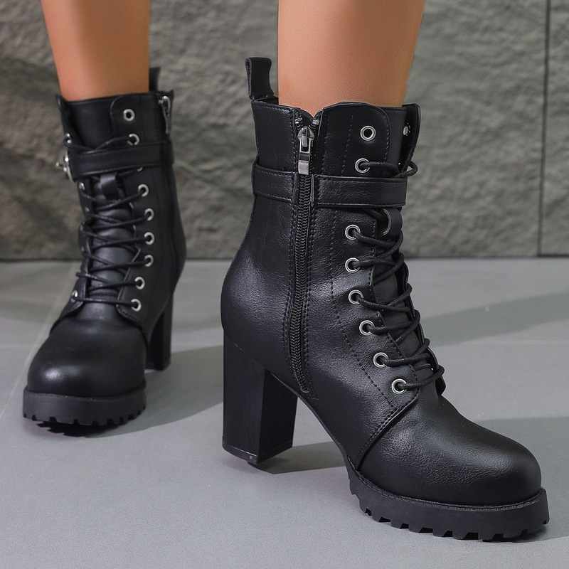 Cross-border Autumn and Winter New High-heeled Ankle Boots plus size Belt Buckle European and American Side Zipper Thick Heel Women's Boots Martins Cross-border Autumn and Winter New High-heeled Ankle Boots plus size Belt Buckle European and American Side Zipper Thick Heel Women's Boots Martins