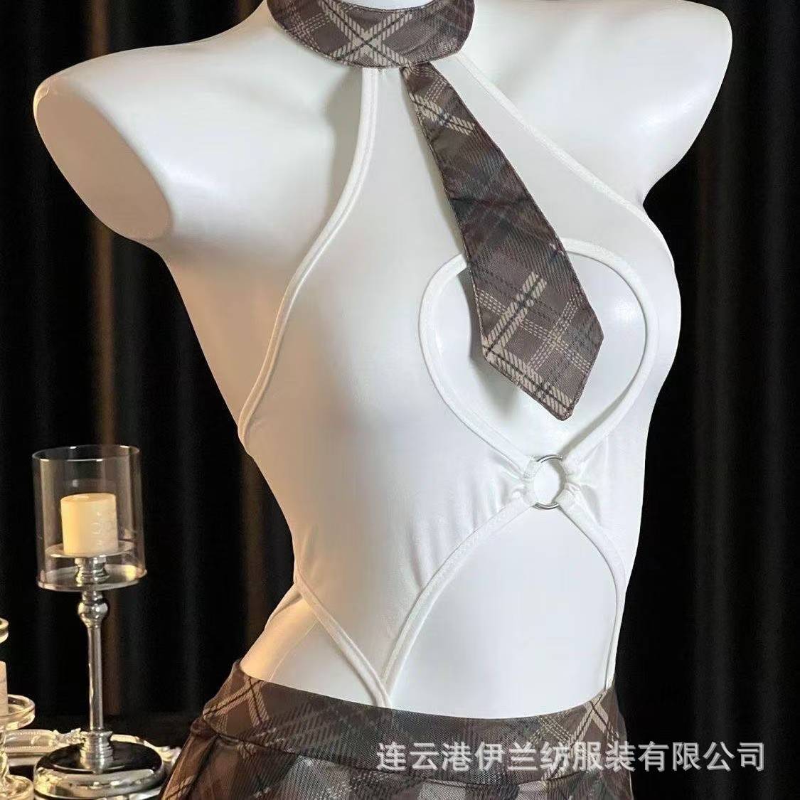 Retro JK Uniform Jumpsuit Lingerie Set with Open-Crotch Design and Mini Skirt — detail image 4