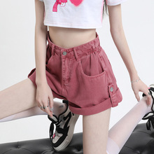 脏粉色牛仔短裤女夏季薄款2024新款设计感高腰卷边辣妹阔腿五分裤