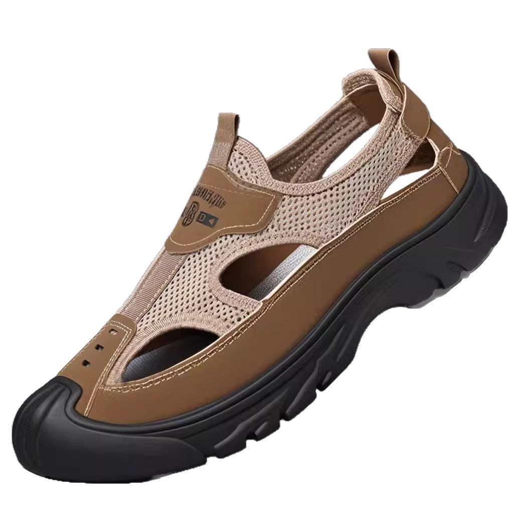 Sandalias Baotou para hombre 2025 verano nuevo estilo malla tendencia zapatos de playa malla transpirable zapatos con agujeros de fondo suave hombres al por mayor