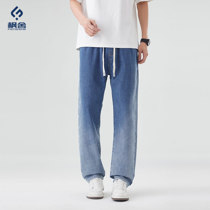 Popular Men's Clothing / Spring and Summer New Straight-Leg Jeans for Men, Elastic Waist Casual Long Pants, High Street Wide-Leg Drape Pants