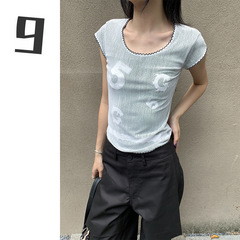 [9hour]小衆甘辛風二重ネットtシャツ女性2025夏アルファベットプリント半袖上着c 7371