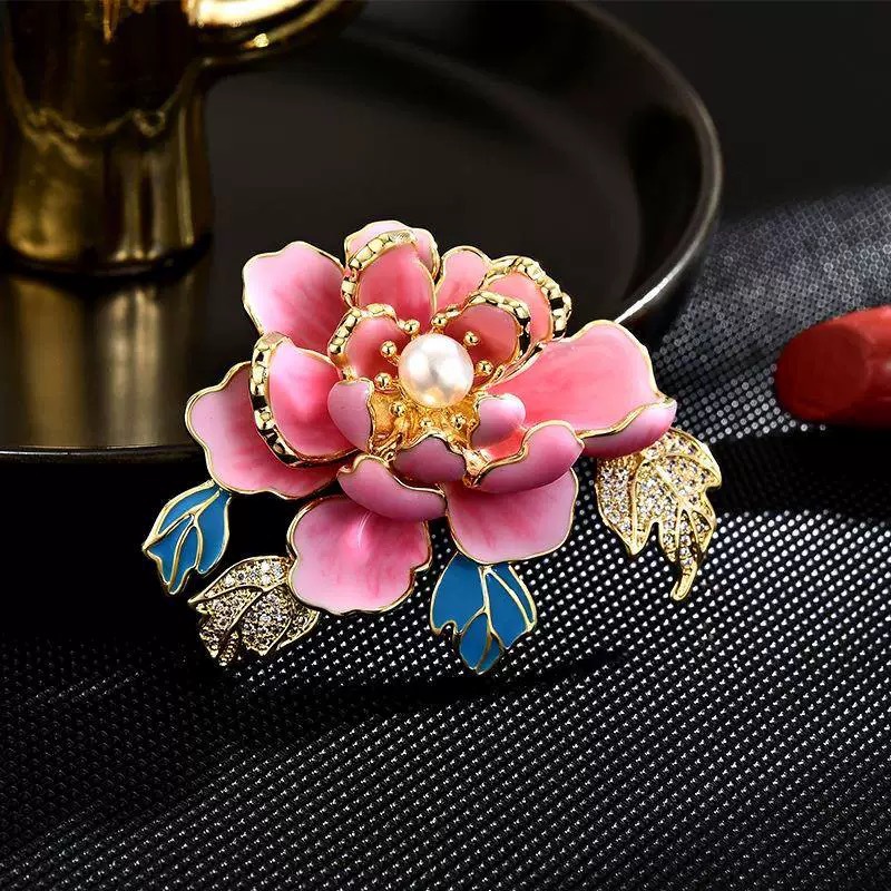 Enamel Peony Flower Brooch High-end High-end Women's Chinese Style Freshwater Pearl Exquisite National Tide Classical Corsage Accessories