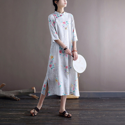 Retro Chinese Dress oriental Qipao Cheongsam for women modified cotton and linen collar qipao dress female loose print dress 