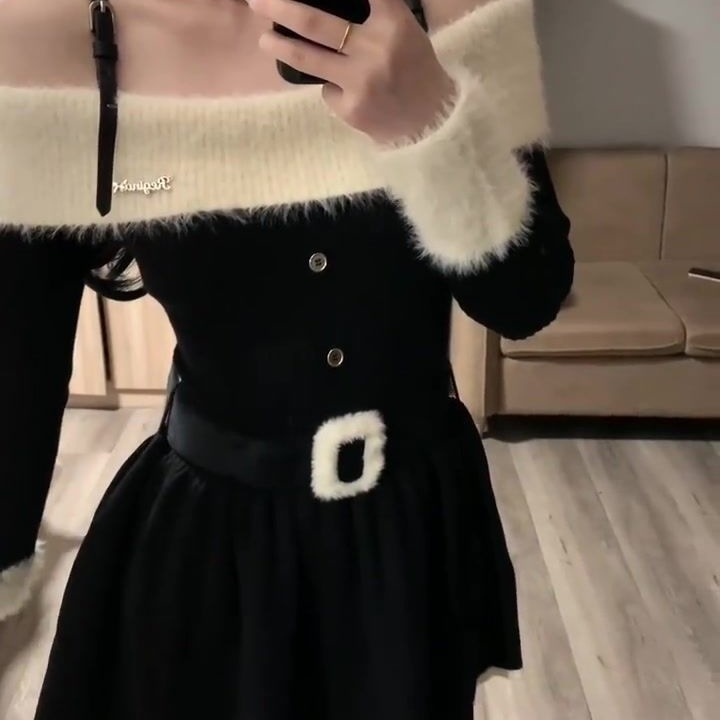 学院风一字肩针织连衣裙女冬季设计感小众毛毛拼接纯欲收腰短裙子