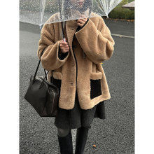 鹿西复古皮毛一体中长款羊羔毛外套女冬季新加厚撞色毛毛大衣3753