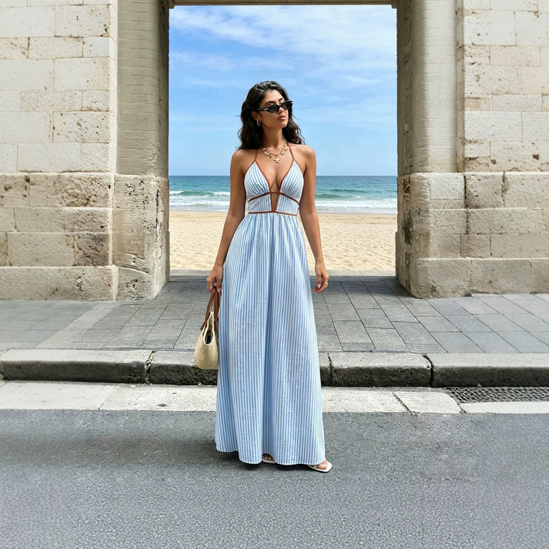 2026 Summer New Deep V-Neck Striped Vacation Dress Cross-Border Hot Sale Backless Sleeveless Halter Neck Long Dress for Women