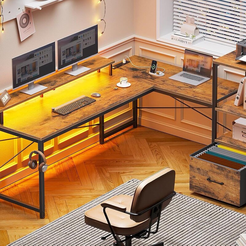 Computer desk with drawers and monitor stand, interchangeable left and right L-shaped office desk with printer stand and power strip, gaming desk