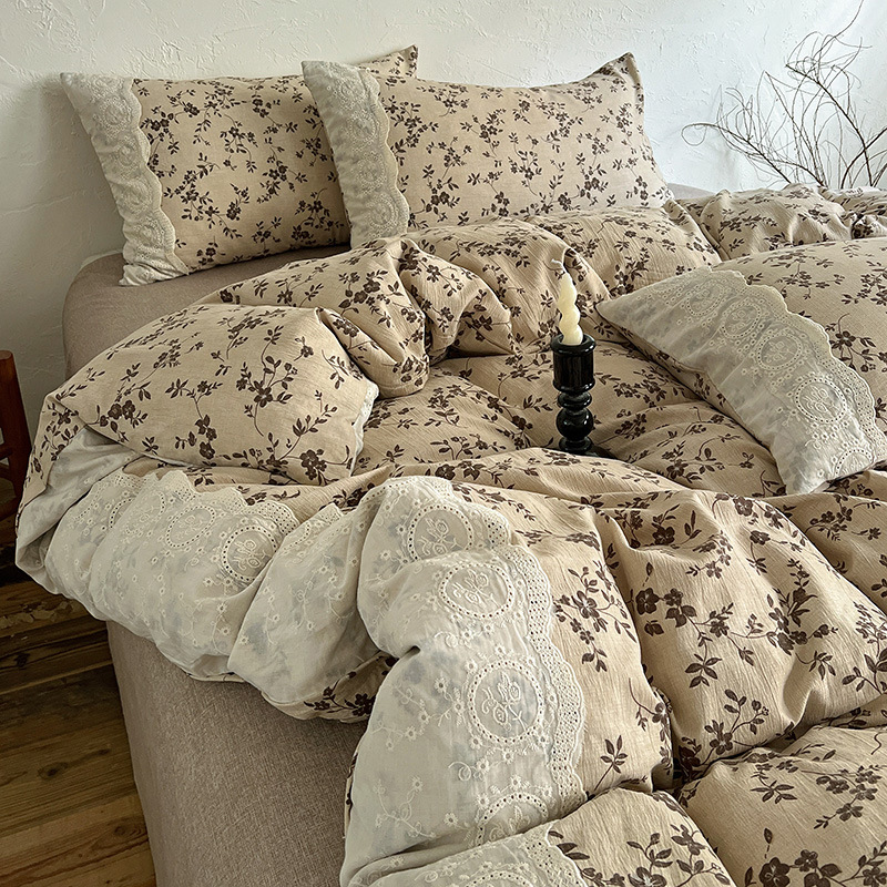 Class a Pure Cotton High Weight Four-Piece Linen Retro Cotton Edge Wabi-Sabi Style Raw Linen Bed Bed Sheets Set