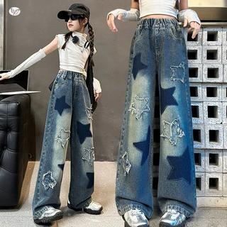 女童秋季裤子2025年新款韩版中大童宽松时髦贴布绣花五角星阔腿裤