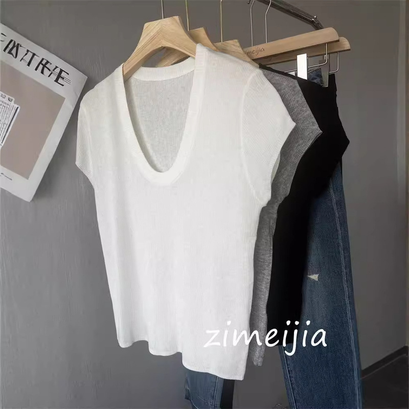 Summer New U-collar Shoulder T-shirt Women's Thin Knitted Shirt Short-sleeved Fashionable Age-reducing Western-style Niche Slimming Top