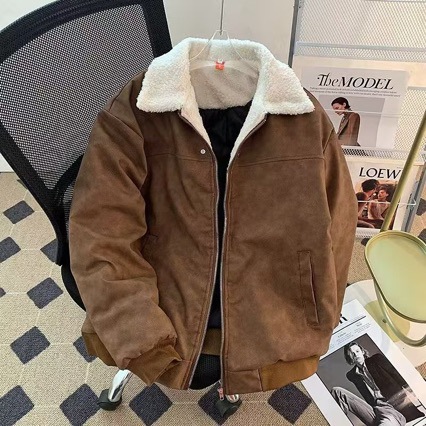 PU复古羊羔绒夹克棉服男女冬季加厚保暖翻领棉衣美式工装外套