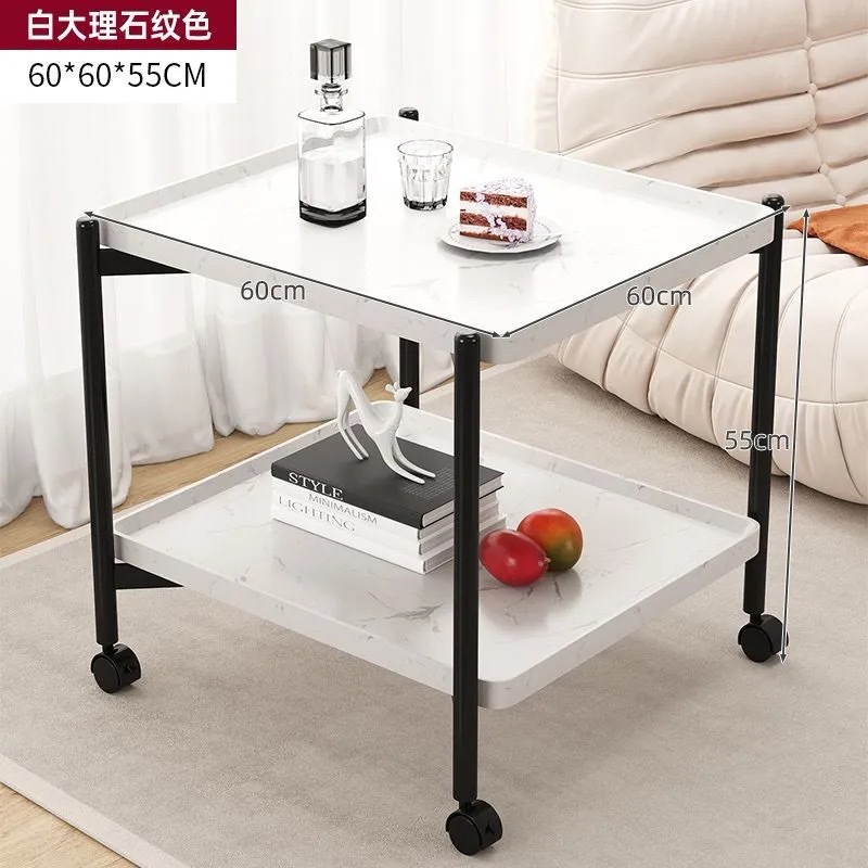 바퀴가 달린 2겹 사각 대리석 흰색 60*60*55