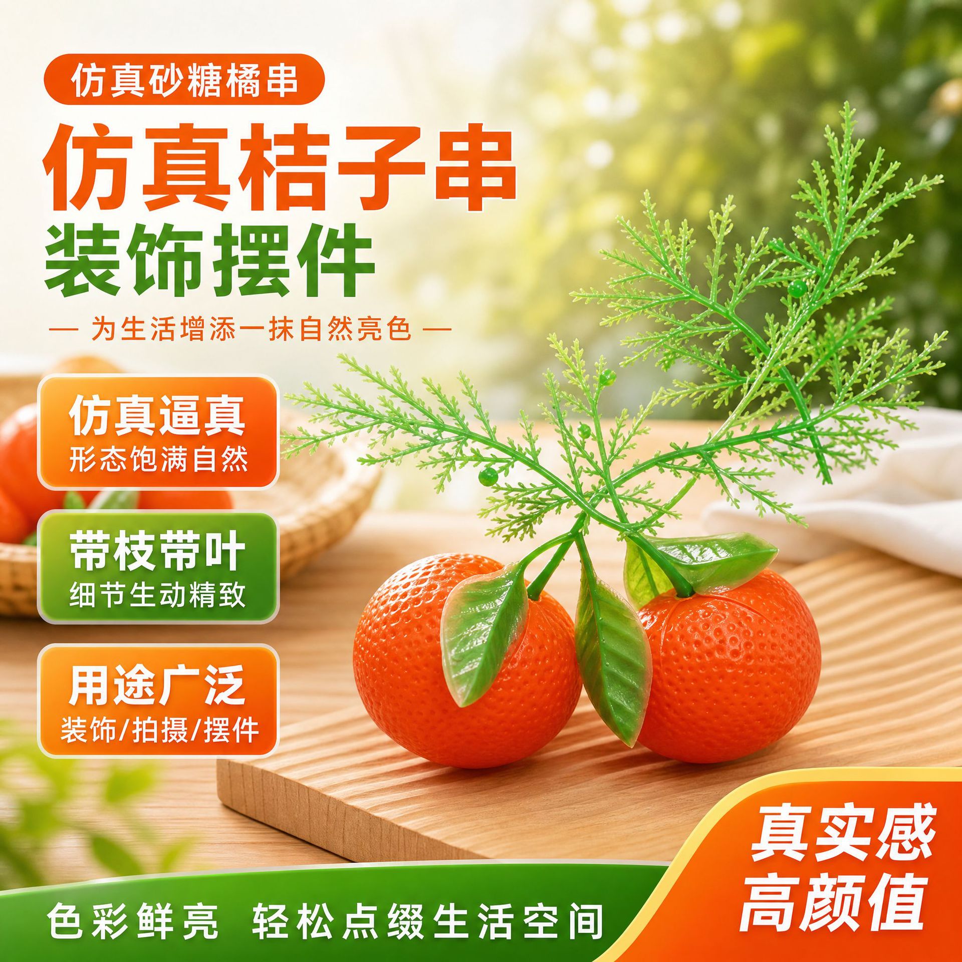 仿真桔子串模型 塑料假水果砂糖橘桔带叶子橘子装饰摆件拍照道具