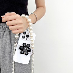 Light luxury-style, high-end metal flower back clip phone case with adjustable, portable crossbody chain and pearl accents.