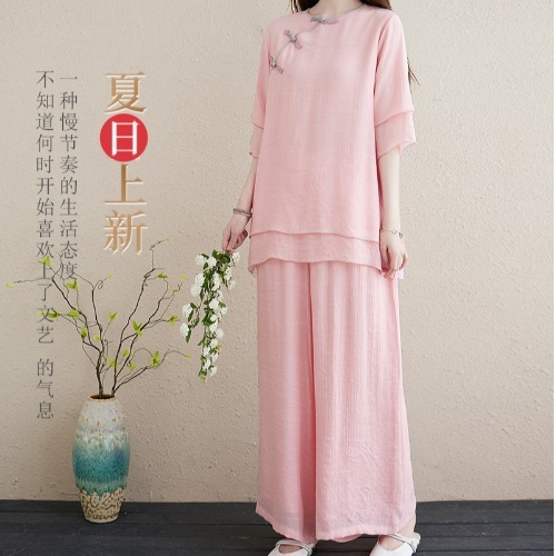 白い禅服、レトロな唐服、綿麻茶服、禅瞑想服、中国風禅女性服2点セット|undefined