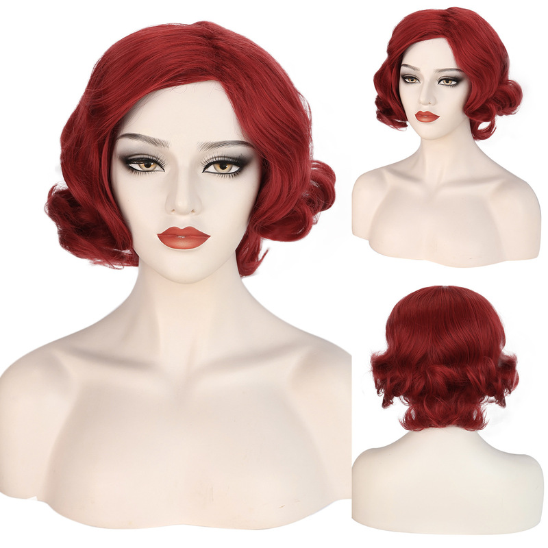European and American 80S Retro Fashion Burgundy Women's Wavy Short Curly Hair Performance Props Party Wig