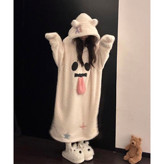 少女搞怪鬼脸连帽珊瑚绒睡衣女冬季新款加绒加厚毛绒睡袍家居服潮