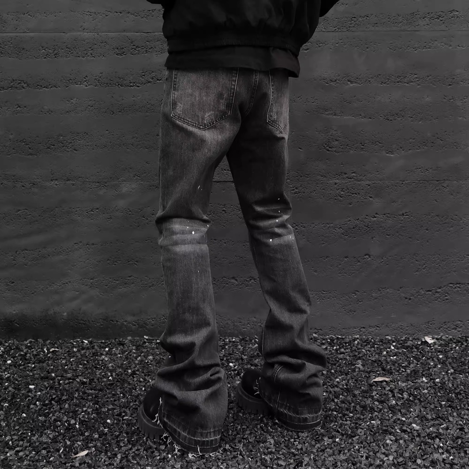 JDKZ Men's Retro Paris Style Ink Splashed Jeans High Street Trendy Brand Straight Leg Slightly Flared Raw Edge Trousers_voghion.com