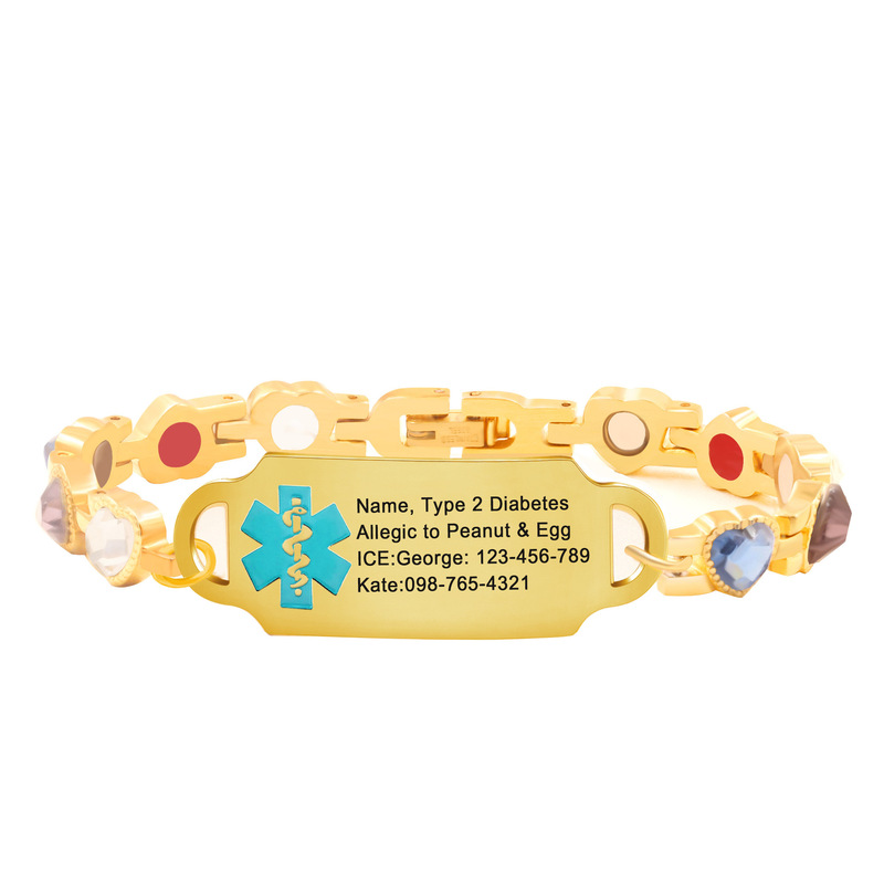 Cross-Border Gold-Plated Heart-Shaped Magnet Stainless Steel Medical Id Bracelet Anti-Radiation Anti-Fatigue Health DIY Bracelet