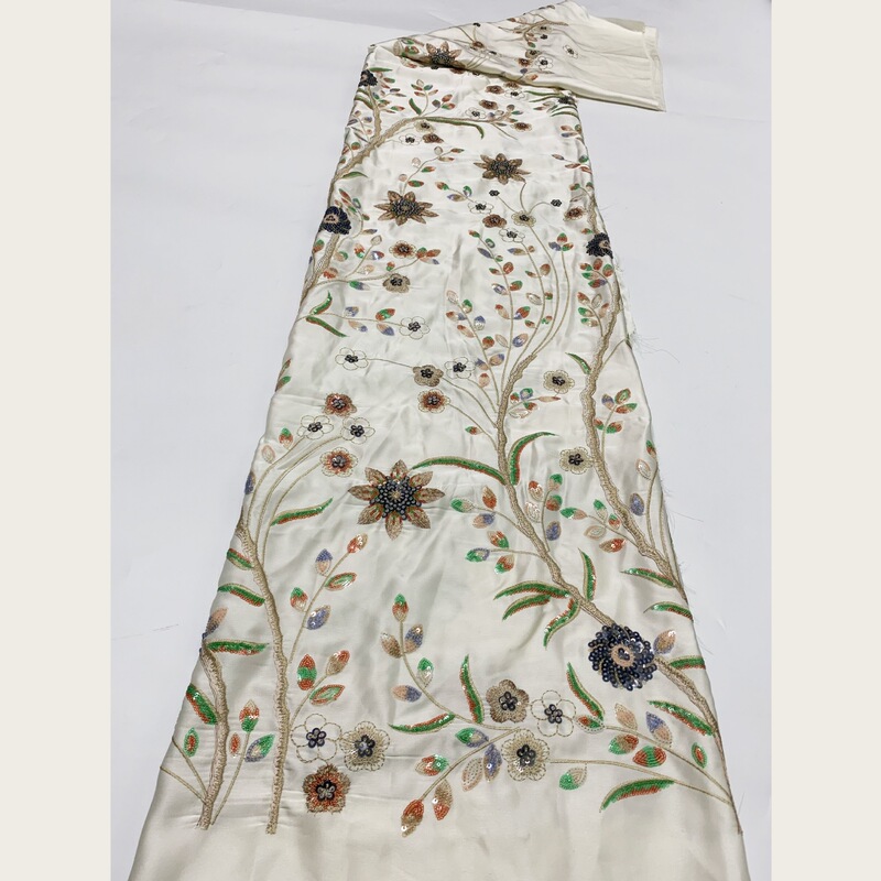 High-End Imitation Acetate Fabric with Full-Width Floral Sequin Embroidery, Colorful Sequin Beading Embroidery, Indian Style Saree Evening Gown