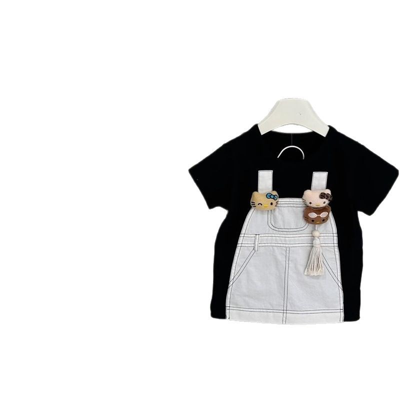 ¡Lindo crítico! Xianning Seven Summer Nuevo tesoro femenino coreano Falso de dos piezas con tirantes Kitty Camiseta de falda de estilo occidental de manga corta