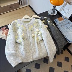 韩系穿搭温柔风甜美立体花朵毛衣开衫女秋冬宽松慵懒软糯针织外套