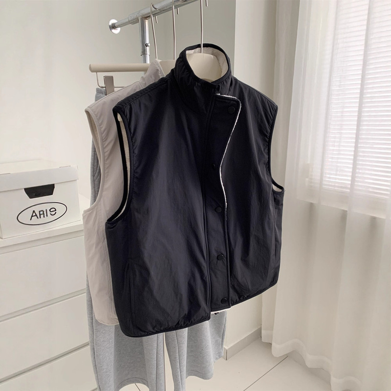 Korean Style Simple Cashmere Stand-Up Collar Reversible Vest for Women Autumn and Winter Thickeneded Warm Sleeveless Jacket Layered Jacket