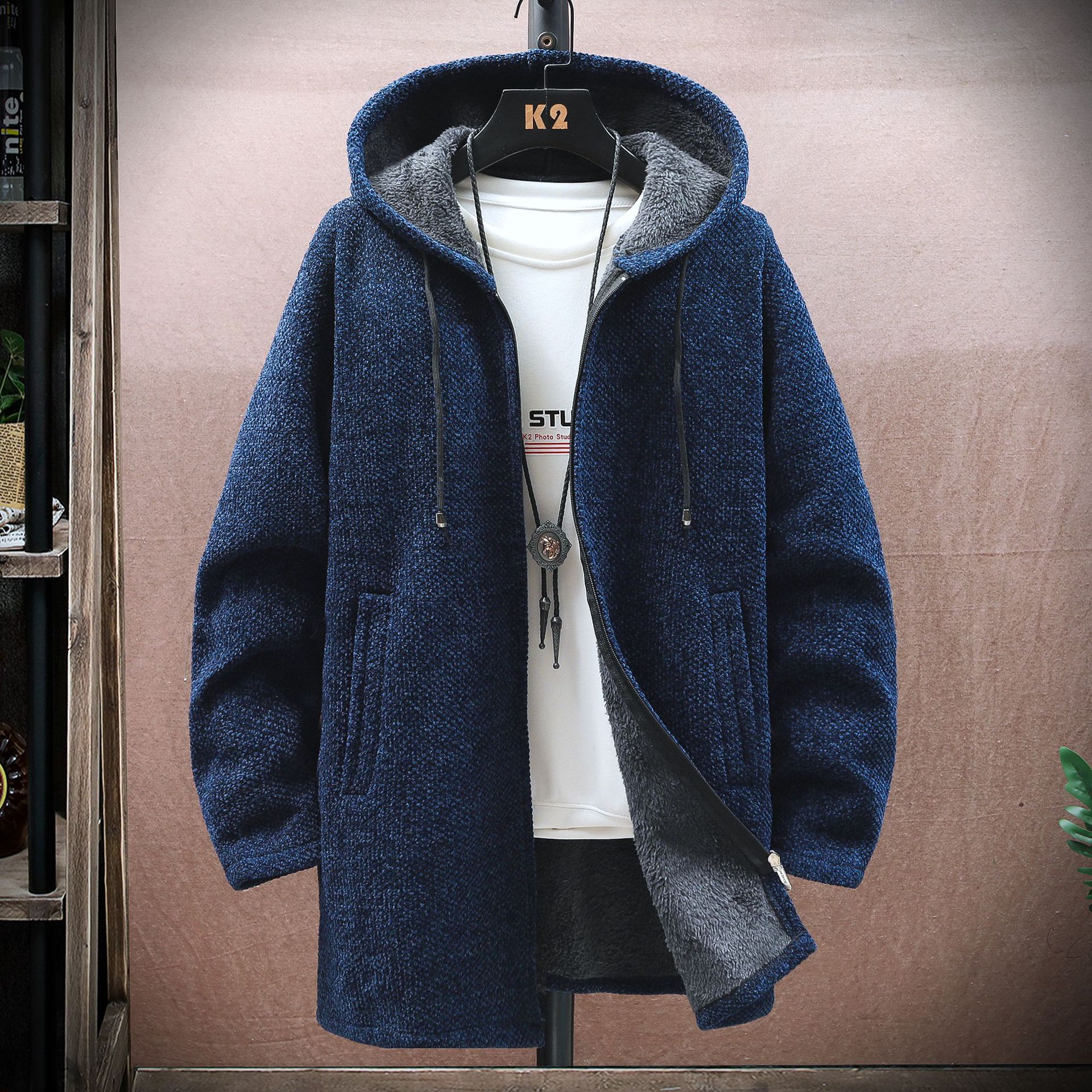 Pull long à capuche en chenille pour homme – Pull en tricot coupe slim doublé polaire avec ourlet côtelé_voghion.com